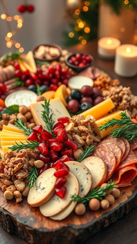Festive Christmas Charcuterie Board Recipe A festive charcuterie board with meats, cheeses, fruits, and nuts, garnished with herbs, in a holiday setting.
